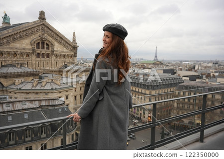 Woman in Gray Coat on Paris Rooftop  122350000