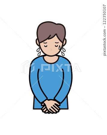 Upper body illustration of a young man apologizing while sweating profusely Upper body illustration of a young man apologizing while sweating profusely 122350107