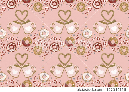 Pattern with donuts, mugs and hearts 122350116
