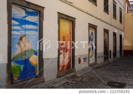 Street with painted doors, Funchal, Madeira 122350242