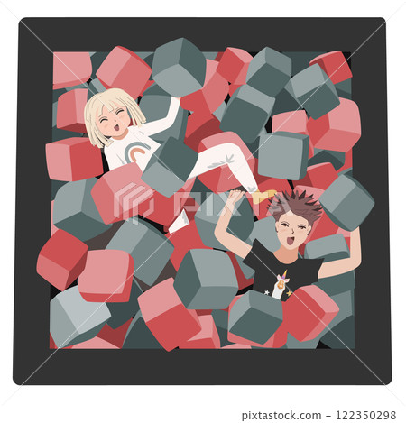 Happy kids playing in foam cubes pit isolated illustration. Playtime and sensory integration game for children activity. Funny kids playing zone with soft covered blocks. Vector. Happy kids playing in foam cubes pit isolated illustration. Playtime and sensory integration game for children activity. Funny kids playing zone with soft covered blocks. Vector. 122350298