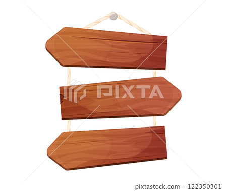 Wood plank signboard frame wooden texture game signpost, farm garden or jungle pointing panel. Set menu ui design. Outdoor empty textured arrow 122350301