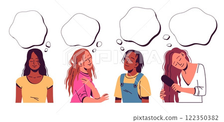 People dream. Happy women with closed eyes thinking, empty cloud for thoughts. Daydreaming female persons. Cartoon flat style isolated illustration. Vector Imagination and inspiration set People dream. Happy women with closed eyes thinking, empty cloud for thoughts. Daydreaming female persons. Cartoon flat style isolated illustration. Vector Imagination and inspiration set 122350382