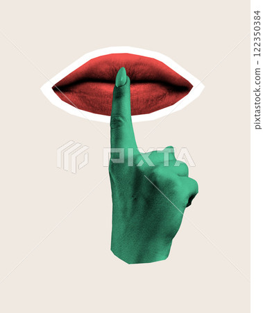 Contemporary art collage. Green hand with finger raised to red lips against beige background, suggesting silence or secrecy. Contemporary art collage. Green hand with finger raised to red lips against beige background, suggesting silence or secrecy. 122350384