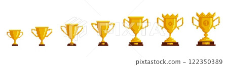 Pixel cup animation. Frame by frame golden award upgrade, retro 8 bit game sprite, victory symbol, winner trophy emblem, arcade symbol, cartoon flat isolated nowaday vector concept 122350389