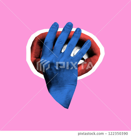 Surreal art collage. Blue hand covering red lips against pink background, symbolizing suppression of speech or forced silence. 122350390