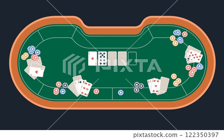 Poker table top view. Cards, bets and chips. Casino gambling composition. Fortune, risk game. Internet casino decorative image for web site. Cartoon flat style isolated vector concept 122350397
