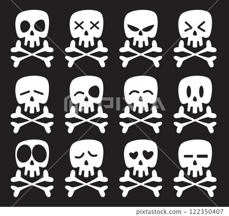 Set cartoon skull and bones icons. Different emotions, smile, angry and surprised. Emoji Halloween stickers collection. Cartoon flat style isolated white silhouette vector skeletons Set cartoon skull and bones icons. Different emotions, smile, angry and surprised. Emoji Halloween stickers collection. Cartoon flat style isolated white silhouette vector skeletons 122350407