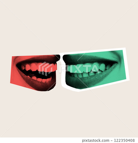Modern artwork. Smiling mouths in red and green facing each other, expressing joy and absurdity in wordless exchange of emotions. Modern artwork. Smiling mouths in red and green facing each other, expressing joy and absurdity in wordless exchange of emotions. 122350408