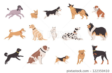 Set dogs different breeds. Happy bulldog, dalmatian and corgi. Cute labrador, doberman and poodle. Running funny domestic animals. Cartoon flat style isolated illustration. Vector pets 122350410