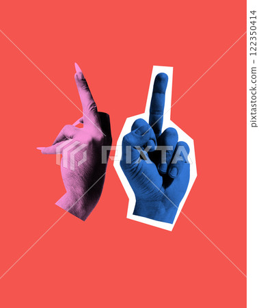 Conceptual artwork. Pink and blue hands gestures, suggesting disagreement or directions in playful yet absurd depiction of human interaction. Conceptual artwork. Pink and blue hands gestures, suggesting disagreement or directions in playful yet absurd depiction of human interaction. 122350414