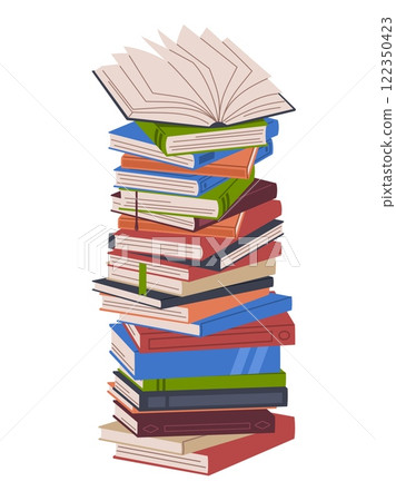 Stack different books. Dictionary, encyclopedia and notebook. Colorful covers. knowledge symbol, library or bookstore elements. Fiction and science literature. Cartoon flat vector concept 122350423