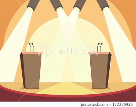 Stage with bleachers. Empty pedestal with microphones, interview and political debate equipment, award ceremony stage. Public speech audience. Cartoon flat style isolated vector concept Stage with bleachers. Empty pedestal with microphones, interview and political debate equipment, award ceremony stage. Public speech audience. Cartoon flat style isolated vector concept 122350426