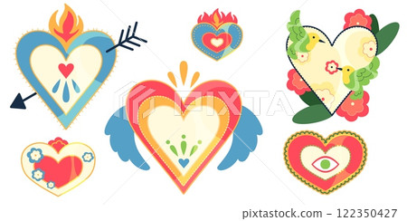 Mexican folk heart set with ornate details Mexican folk heart set with ornate details 122350427