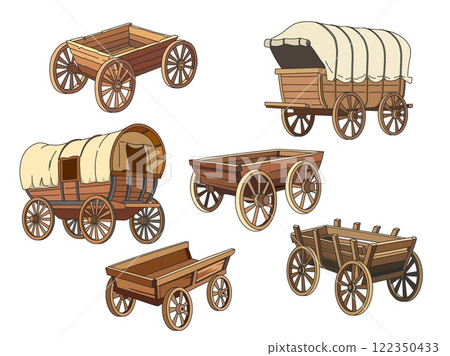 Wooden retro carts. Vintage cowboy wagons, old wild west chariots, carriages with tents and big wheels, farming, garden vehicles, historical transport cartoon flat isolated vector set Wooden retro carts. Vintage cowboy wagons, old wild west chariots, carriages with tents and big wheels, farming, garden vehicles, historical transport cartoon flat isolated vector set 122350433