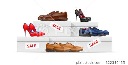 Boxes mens and womens shoes. Realistic male and female footwear, white box, sale labels, discount offer composition for advertising. Different elegance boots on packaging. Vector concept 122350435