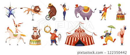 Cartoon circus animals and artists. Funny chapiteau characters, tent show, entertainment performance, trainers and acrobats, funny clown, animals show, tidy vector set 122350442