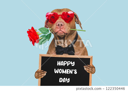 Happy Women's Day. Cute dog and congratulatory inscription 122350446