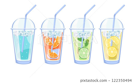 Drinks with fruit and ice. Water with oranges, limes and lemons. Antioxidant detox beverage in takeaway plastic glass. Healthy vitamin ingredients. Cartoon flat style isolated vector set 122350494