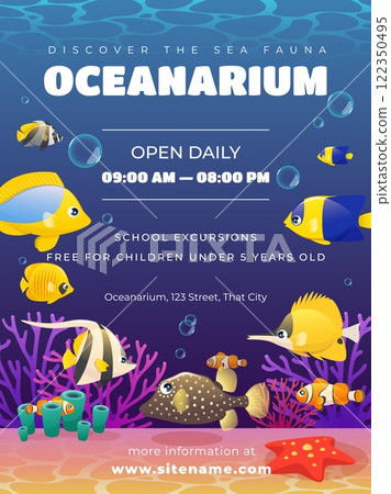 Exotic fish exhibition poster. Tropical marine life, invitational banner, underwater colorful animals, undersea aquarium inhabitants, ocean background, cartoon isolated vector concept 122350495