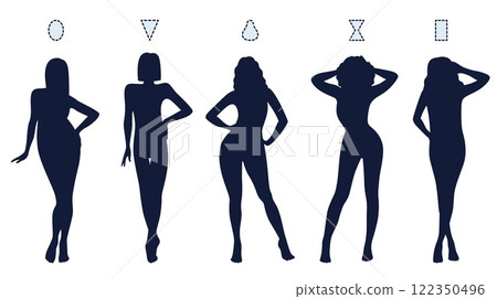 Female figure types silhouette. Women black silhouette, body structures. Chest, waist and hips proportion, geometric shapes, rectangle, triangle and hourglass, round and pear. Vector concept 122350496