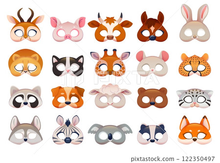 Funny animal masks. Cartoon photo booth props, kids birthday party accessories, masquerade attributes, giraffe, deer, fox faces, wild and domestic mammals isolated vector set 122350497