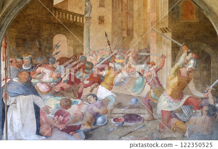 Battle between Catholics and heretics at the time of St. Peter the Martyr, fresco by Lorenzo Sciorina in the cloister of Santa Maria Novella Principal Dominican church in Florence, Italy Battle between Catholics and heretics at the time of St. Peter the Martyr, fresco by Lorenzo Sciorina in the cloister of Santa Maria Novella Principal Dominican church in Florence, Italy 122350525