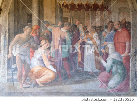 San Dominic leads the procession with the image of the Madonna, fresco by Ludovico Buti in the cloister of Santa Maria Novella Principal Dominican church in Florence, Italy 122350530