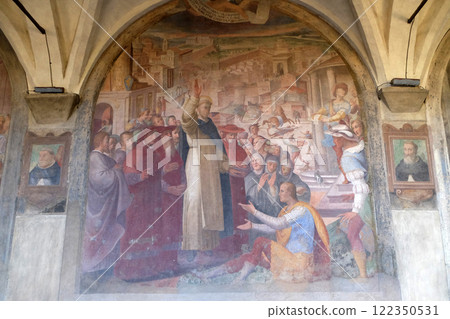 San Dominic resurrects the nephew of Cardinal Orsini, fresco by Alessandro Fei in the cloister of Santa Maria Novella Principal Dominican church in Florence, Italy San Dominic resurrects the nephew of Cardinal Orsini, fresco by Alessandro Fei in the cloister of Santa Maria Novella Principal Dominican church in Florence, Italy 122350531