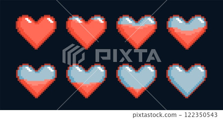 Gradual decrease in life indicator. Pixel heart, health bar level lowering, retro video game symbol, love and romantic, 8 bit arcade symbol, cartoon flat isolated nowaday vector set Gradual decrease in life indicator. Pixel heart, health bar level lowering, retro video game symbol, love and romantic, 8 bit arcade symbol, cartoon flat isolated nowaday vector set 122350543