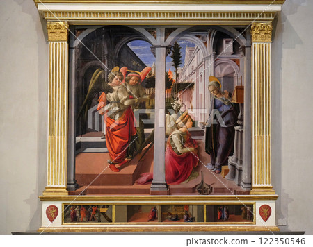 Annunciation to the Virgin Mary, work by Fra Filippo Lippi in the Basilica di San Lorenzo in Florence, Italy Annunciation to the Virgin Mary, work by Fra Filippo Lippi in the Basilica di San Lorenzo in Florence, Italy 122350546