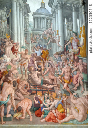 Martyrdom of Saint Lawrence, 1569, fresco by Agnolo Bronzino in the Basilica di San Lorenzo in Florence, Italy Martyrdom of Saint Lawrence, 1569, fresco by Agnolo Bronzino in the Basilica di San Lorenzo in Florence, Italy 122350548
