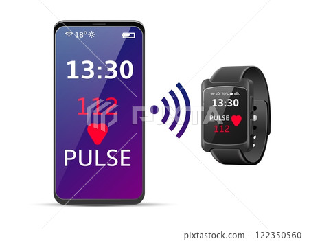 Heart rate tracking with smart watch. Realistic isolated smartphone with fitness application on screen, time and pedometer, sport smartwatch. Electronic techno gadget. Vector concept 122350560