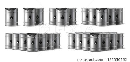 Metal oil drums. Realistic isolated hazard black liquid containers, label with droplet, different compositions, tank in storage or warehouse, machine diesel or car gasoline, 3d vector set Metal oil drums. Realistic isolated hazard black liquid containers, label with droplet, different compositions, tank in storage or warehouse, machine diesel or car gasoline, 3d vector set 122350562