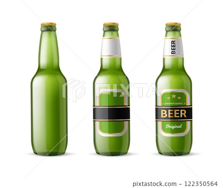 Realistic beer bottles. Green glass bottle, empty label. 3d container for alcoholic beverage. Brewery product. Premium quality lager. Cold drink, branding product mockup. Vector concept Realistic beer bottles. Green glass bottle, empty label. 3d container for alcoholic beverage. Brewery product. Premium quality lager. Cold drink, branding product mockup. Vector concept 122350564
