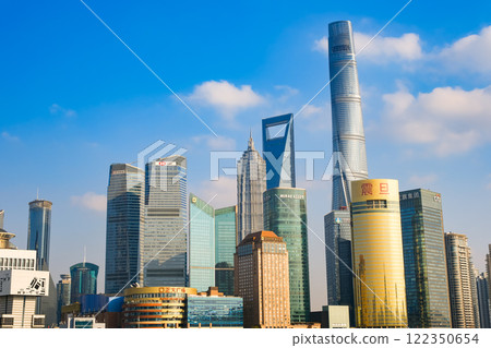 Skyscrapers of the Pudong New Area, Shanghai, China, seen from the Bund Skyscrapers of the Pudong New Area, Shanghai, China, seen from the Bund 122350654