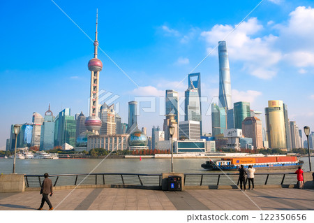 Skyscrapers of the Pudong New Area, Shanghai, China, seen from the Bund 122350656