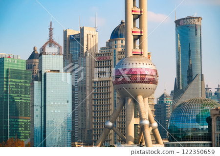 Skyscrapers of the Pudong New Area, Shanghai, China, seen from the Bund 122350659