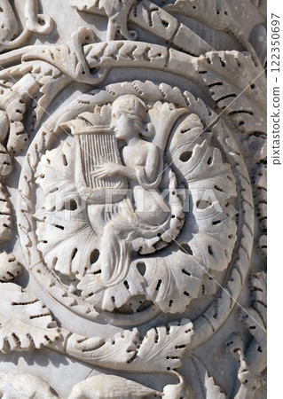 Baptistery decoration architrave arches, Cathedral in Pisa, Italy. Unesco World Heritage Site. 122350697