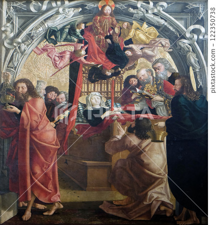 The death of Virgin Mary on the main altar in Parish church in St. Wolfgang on Wolfgangsee in Austria 122350738