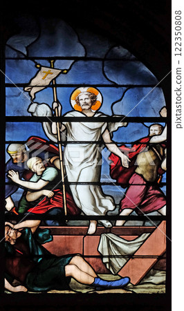 Resurrection of Christ, stained glass window in Saint Severin church in Paris, France 122350808