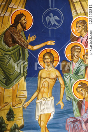 Baptism of the Lord, fresco in the Church of Saint Paraskeva of the Balkans near Saint Naum Monastery, Ohrid in Macedonia Baptism of the Lord, fresco in the Church of Saint Paraskeva of the Balkans near Saint Naum Monastery, Ohrid in Macedonia 122350811