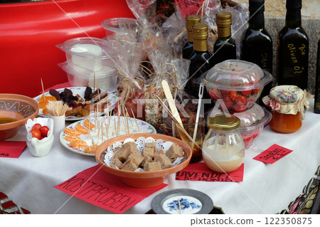 Specialties from the island of Hvar in Croatia exposed in front of the store in Graz, Styria, Austria 122350875
