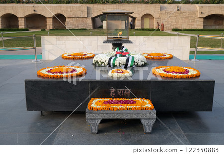 Rajghat, New Delhi. Memorial at Mahatma Gandhis body cremation place, Delhi, India. Rajghat, New Delhi. Memorial at Mahatma Gandhis body cremation place, Delhi, India. 122350883