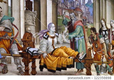 Saint John the Evangelist Resurrecting Drusiana, fresco by Filippino Lippi in the Strozzi Chapel of the Santa Maria Novella Principal Dominican church in Florence, Italy 122350898