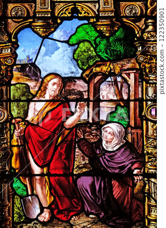 Risen Christ and Mary Magdalene, stained glass windows in the Saint Gervais and Saint Protais Church, Paris, France 122350901