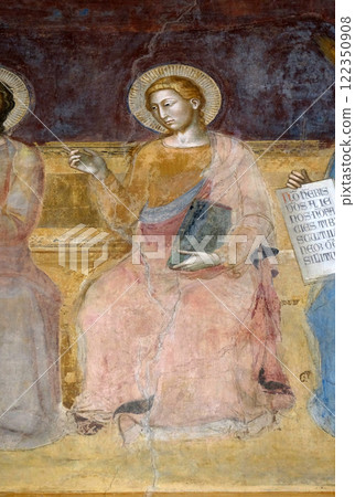 St. Luke Evangelist, detail of the Triumph of St. Thomas Aquinas, fresco by Andrea di Buonaiuto, Spanish Chapel in Santa Maria Novella Principal Dominican church in Florence, Italy 122350908