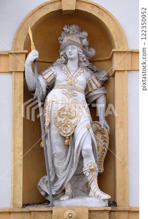 Minerva, Roman goddess of wisdom and sponsor of arts, trade, and strategy, Arsenal (Zeughaus) historic center listed as World Heritage by UNESCO in Graz, Austria Minerva, Roman goddess of wisdom and sponsor of arts, trade, and strategy, Arsenal (Zeughaus) historic center listed as World Heritage by UNESCO in Graz, Austria 122350952