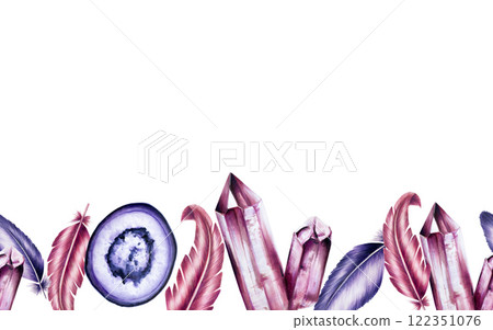 Seamless border, banner with gemstone Agate, diamond and amethyst slice crystal and feather. Hand drawn frame, watercolor illustrations. Minerals isolated on background. Clip art for designers, cards Seamless border, banner with gemstone Agate, diamond and amethyst slice crystal and feather. Hand drawn frame, watercolor illustrations. Minerals isolated on background. Clip art for designers, cards 122351076