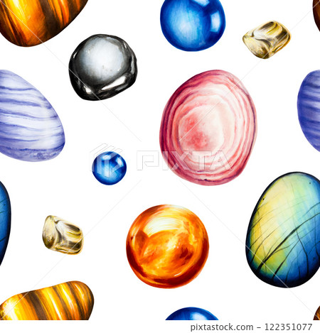 Seamless pattern with root and sacral, solar plexus, third eye, heart and crown chakras gemstone isolated illustrations. Watercolor hand drawn hematit, orange calcite and carnelian, Tiger's Eye 122351077